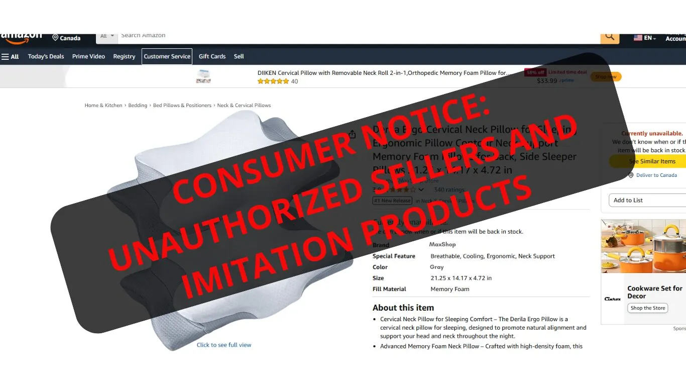 Warning: Derila Ergo Pillow counterfeits and scam products on Amazon and eBay